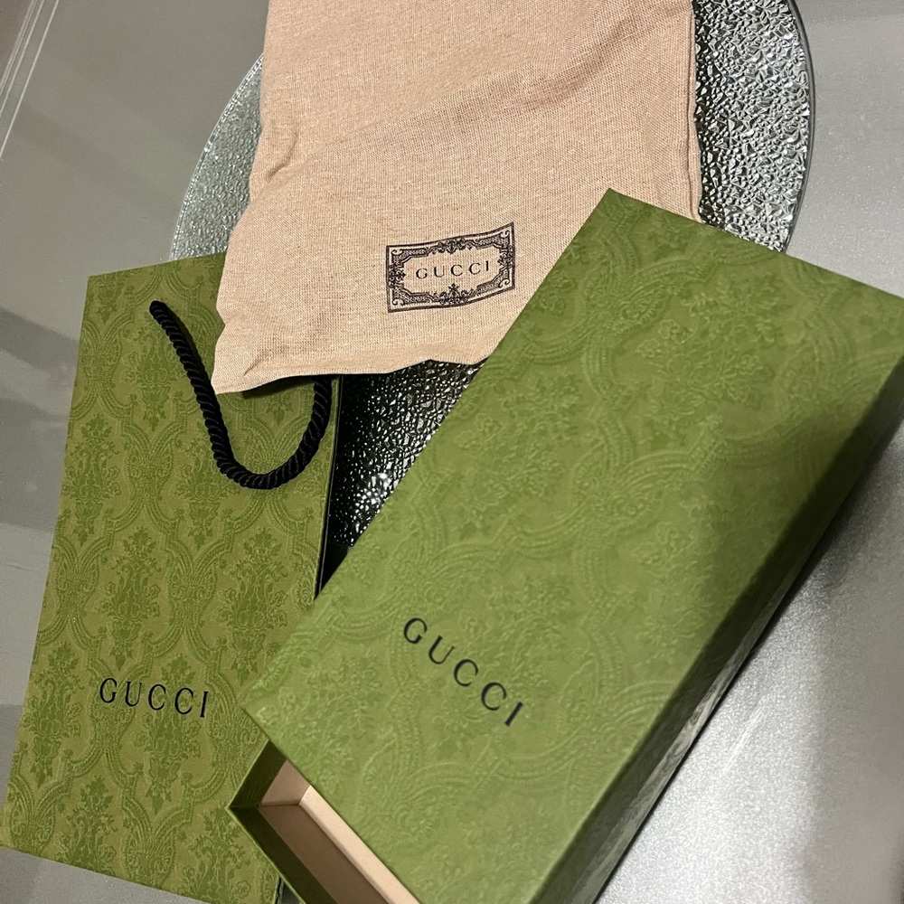 Gucci Green Embossed Box, bag and  Beige Dust Bag